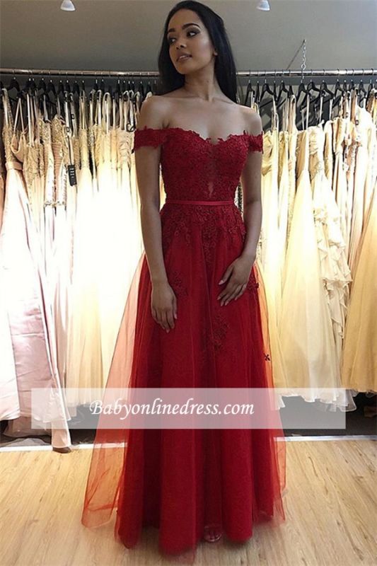 Belted Off-the-shoulder A-line Appliques Attractive Evening Dresses | Floor-Length Red 2021 Formal Gowns
