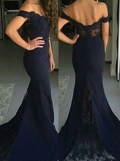 Lace Mermaid Prom Dresses 2021 Off-the-Shoulder Dark Navy Elegant Long Bridesmaid Dresses