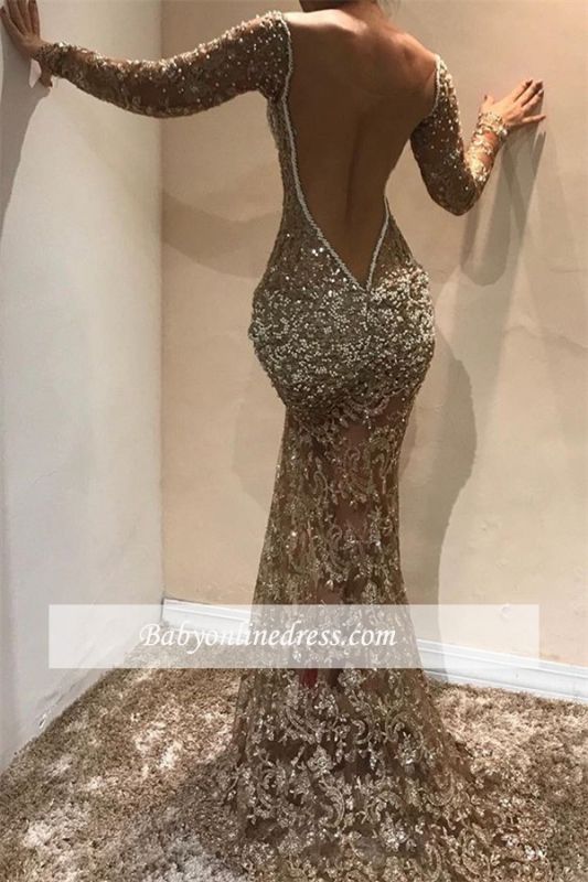 Sexy Long-Sleeves Lace Slim Evening Dresses | Backless Sequins Mermaid Prom Dresses