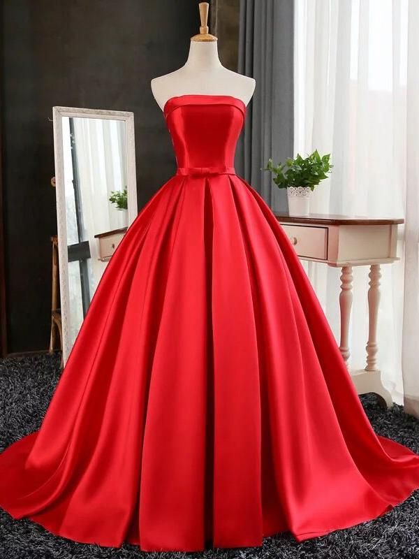 Simple Red Strapless Bows-Sashes Puffy Prom Dresses