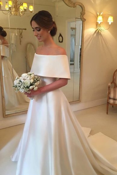 Elegant Off-The-Shoulder A-Line Wedding Dresses | Simple Short Sleeves Long Bridal Gowns BC0182