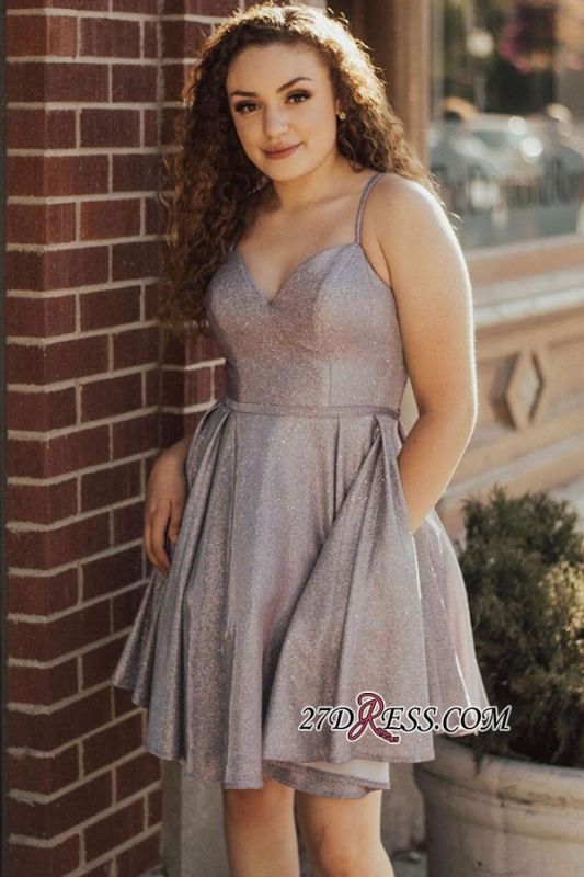 Short V-neck Sequined A-line  Spaghetti-strap Homecoming Dresses