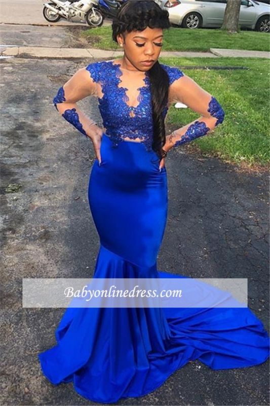 Sheer Appliques Mermaid Royal Long-Sleeves Blue Tulle Evening Gown