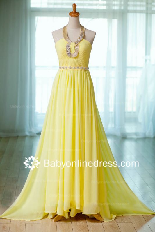 Halter Sleeveless Yellow Evening Dresses 2021 Chiffon A-Line Crystal Prom Gowns