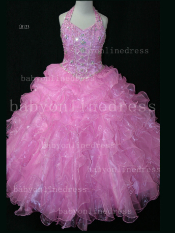 Affordable Dresses For Girls Halter Beaded Organza Pink Formal Gowns LR123