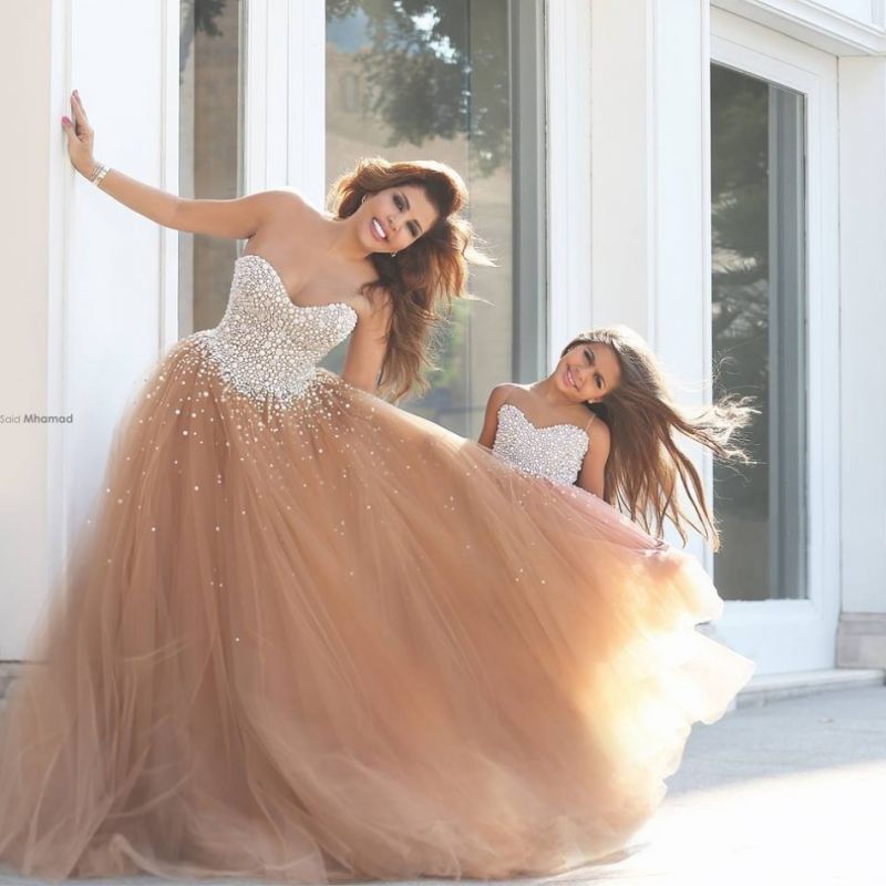Mother And Daughter Dresses Champagne Girl's Dresses with Beading Long Girl's Pageant Dresses