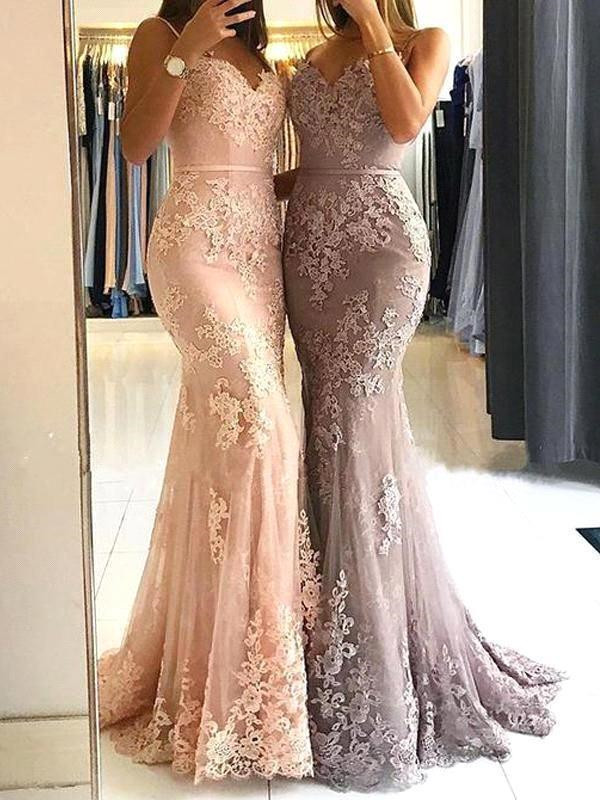 Elegant Sleeveless Mermaid Prom Dresses | Spaghettis Straps Lace Appliques Evening Gowns