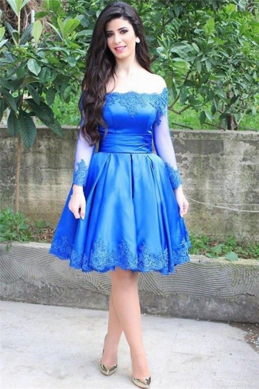 2021 Blue Elegant Lace Appliques Knee Length Long Sleeve Off-the-shoulder Homecoming Dress