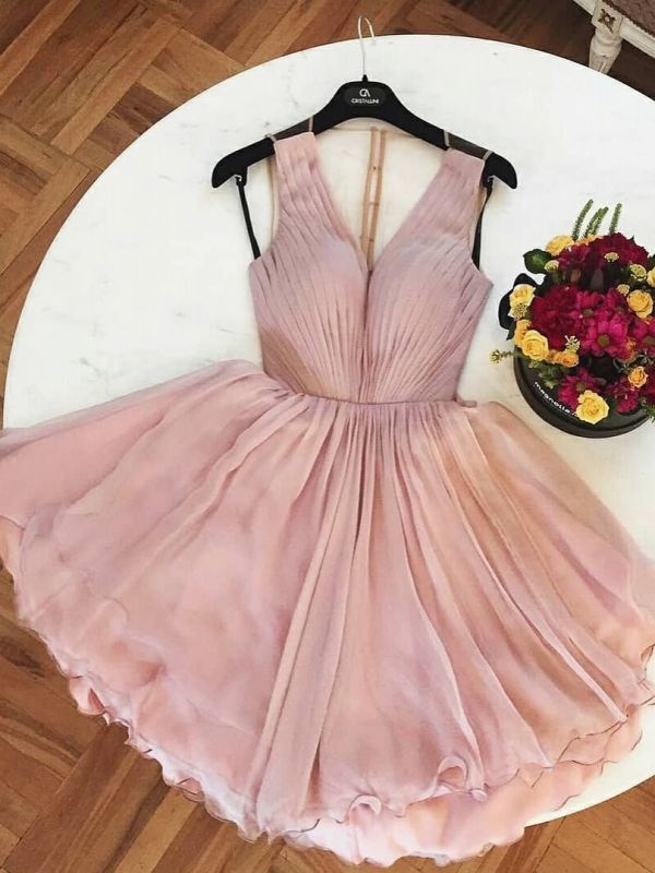 Chic Pink A-Line Homecoming Dresses | V-Neck Straps Ruched SHort Cocktail Dresses