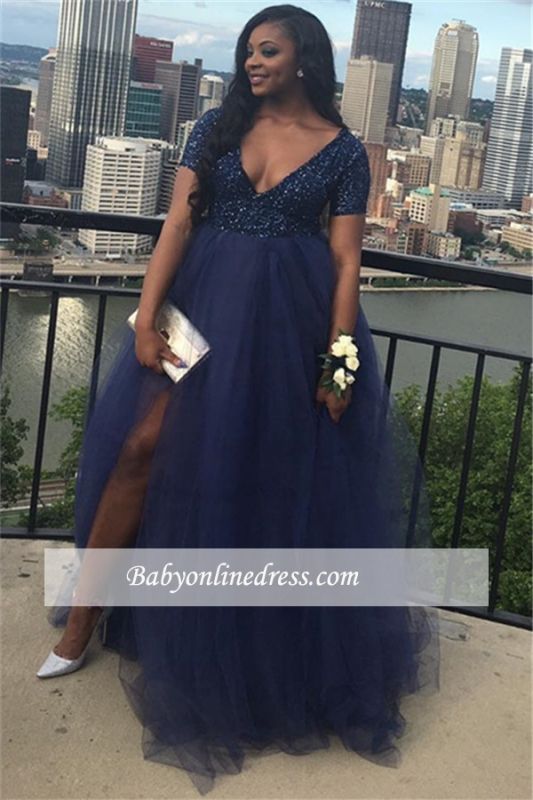 Plus-Size Short-Sleeves A-line Tulle V-Neck Prom Dress