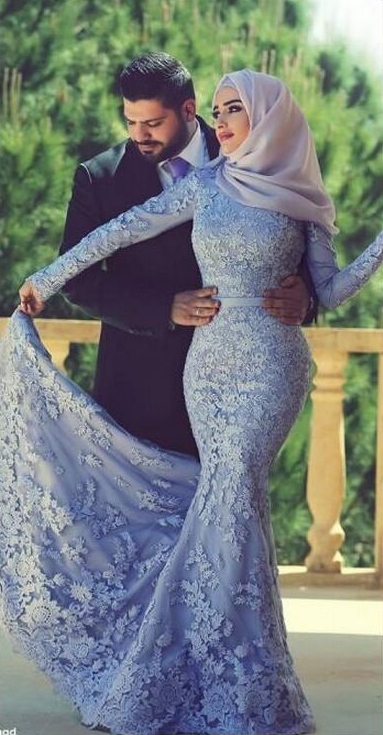Long Sleeves Lace Mermaid Muslim Wedding Dresses Elegant Islamic Evening Gowns