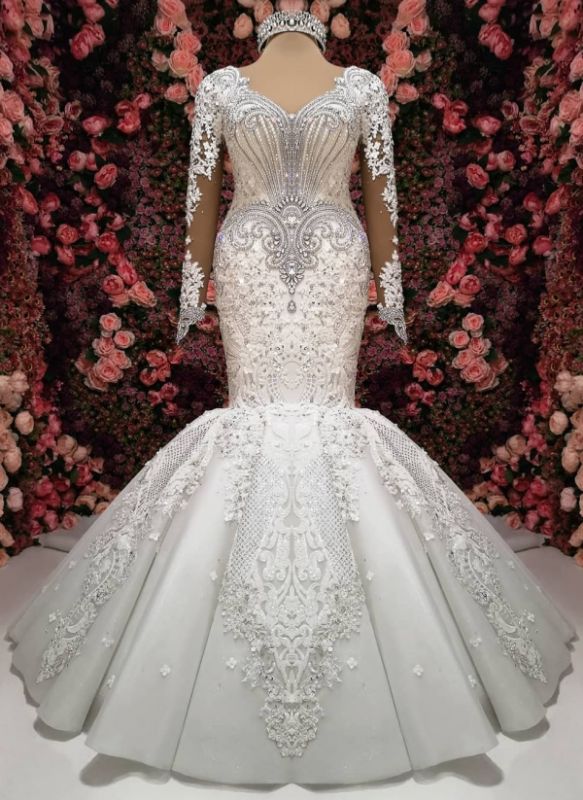 Luxury Crystals Mermaid Wedding Dresses | Long Sleeves Chapel Train Bridal Gowns