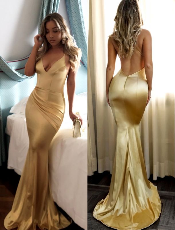 Shiny Silver Backless Evening Gowns | Spaghettis Straps V-Neck Formal Dress