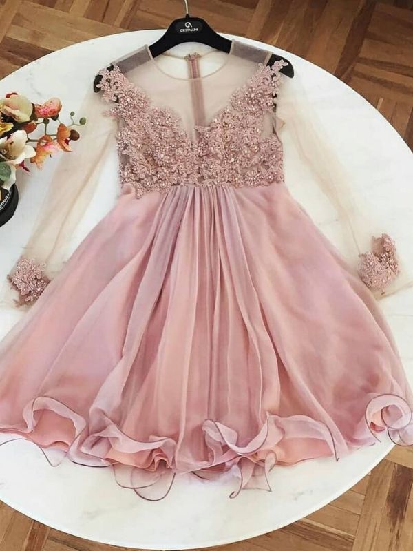 Pink Long Sleeves A-Line Cocktail Dresses | Jewel Lace Appliques Short Party Dresses BC1110