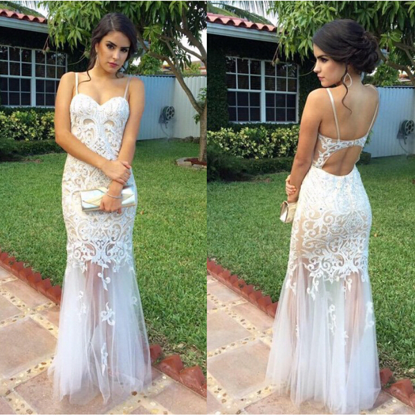 Sexy Long White Lace Evening Dress Mermaid Backless Tulle Specail Occasion Dresses