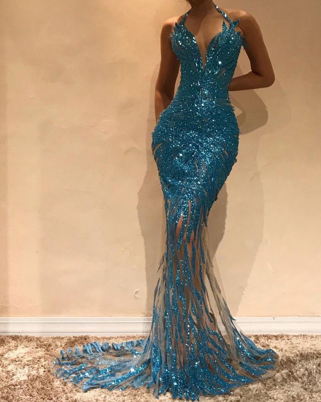 Sexy Sequin Mermaid Prom Dresses | Halter Neck Sleeveless Evening Gowns BC0696