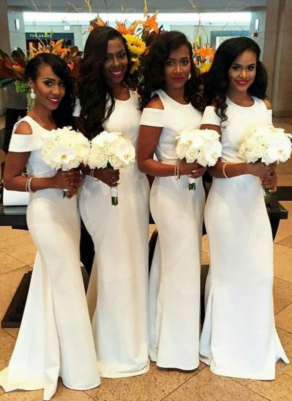 White Mermaid Bridesmaid Dresses | Simple Capped Sleeves Wedding Party Dress