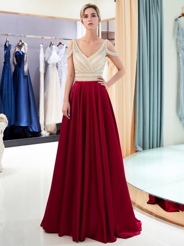 Shiny Beading A-Line Evening Dresses | V-Neck Cold Shoulder Long Prom Dresses
