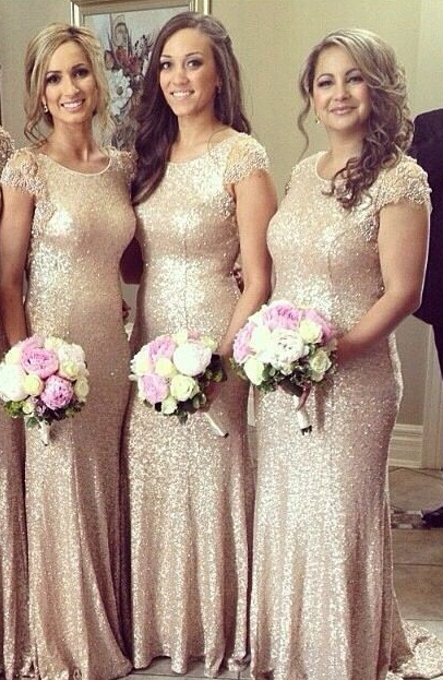 Sequined Crystal Short Sleeve 2021 Bridesmaid Dress Sexy Sweep Train Wedding Party Dresses