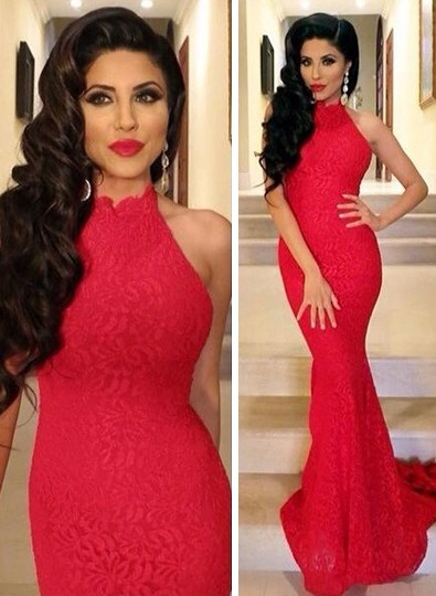 2021 Sexy Red Mermaid Prom Dress High-neck Sleeveless Lace Womens Evening Party Gowns