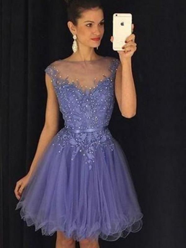 Purple A-Line Homecoming Dresses | Cap Sleeves Lace Appliques Cocktail Dress