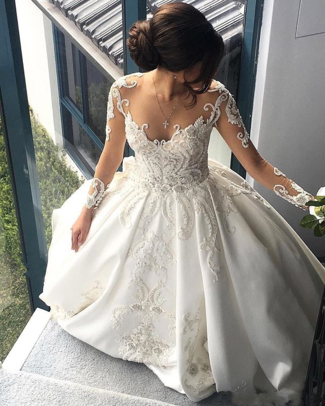 Luxury Ball Gown Wedding Dresses | Sheer Long Sleeves Chapel Train Bridal Gowns