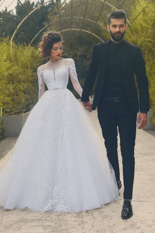 Tulle Gorgeous White Appliques Long-Sleves Crystal Wedding Dresses