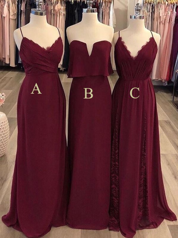 Cheap Burgundy A-Line Bridesmaid Dresses | Simple Ruched Chiffon Wedding Party Dresses