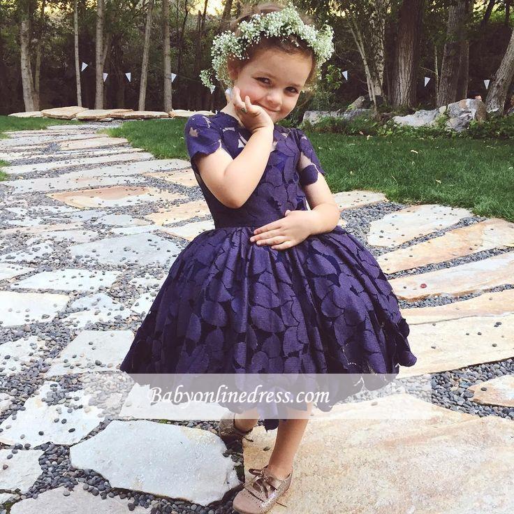 Newest Short Sleeve Knee-Length Lace Jewel Flower Girl Dress