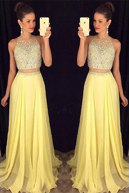 2021 Two-Piece Prom Dresses for Teens Chiffon Beaded Long A-line Sexy Evening Gowns