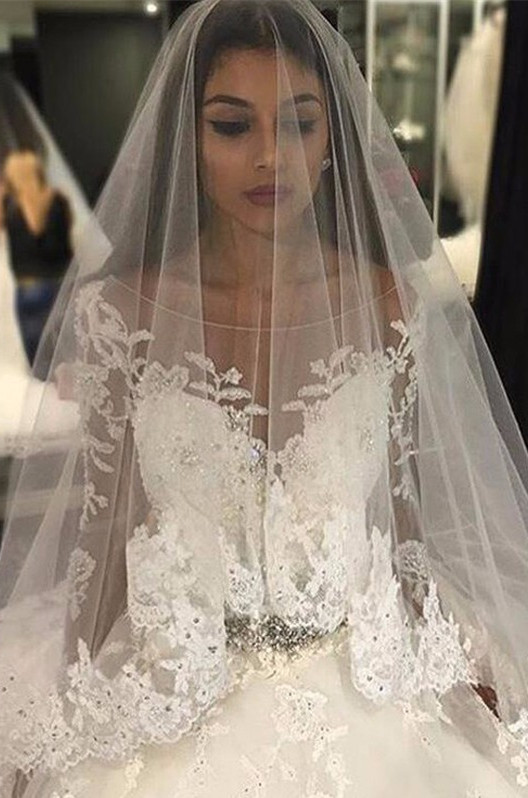 Luxury Appliques Long-Sleeves Bridal Gowns Scoop Crystal Tulle Wedding Dresses
