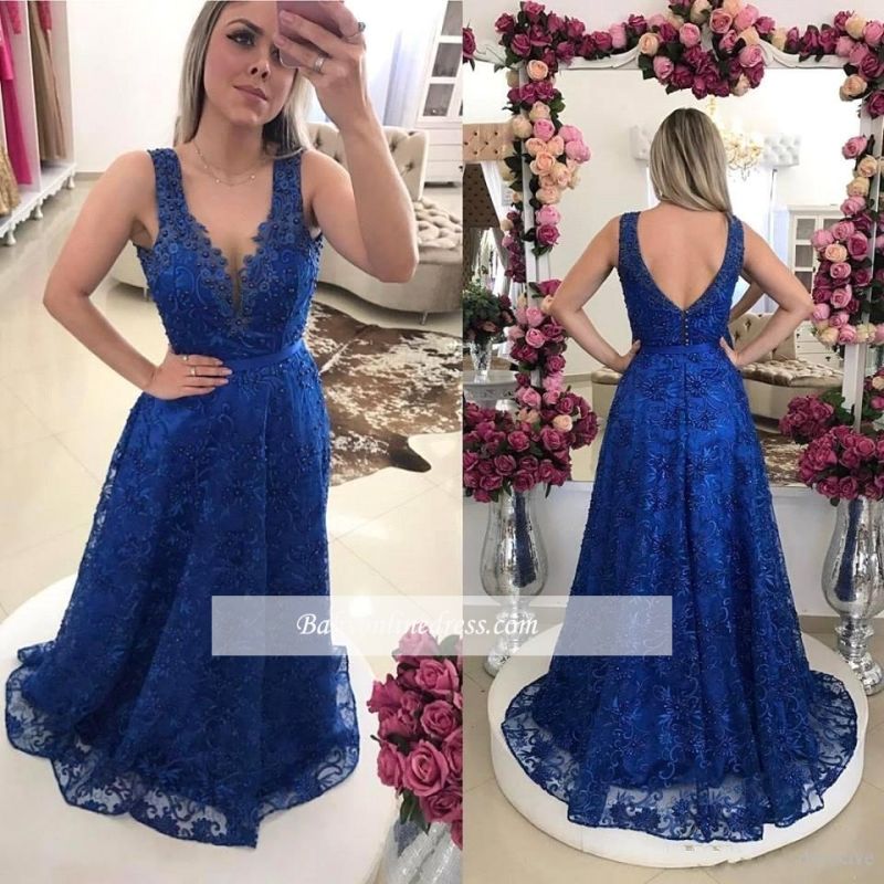 V-Neck Lace Royal-Blue Pearls A-line Prom Dresses
