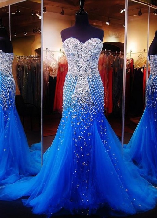 Royal Blue Crystals Mermaid Luxury Prom Dresses Sweetheart Neck Tulle Pageant Dresses