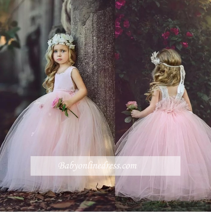 Flower Long Cute Pink Ball-Gown Girl Dresses