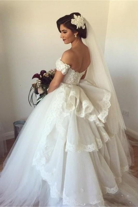 2021 Ball Gown Wedding Dresses Sweetheart Off the Shoulder Short Sleeves with Ruffles Back Bridal Gowns