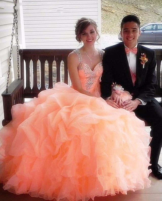 2021 Coral Quinceanera Dresses Crystals Ruffles Layered Ball Gown Sweet 16 Dresses