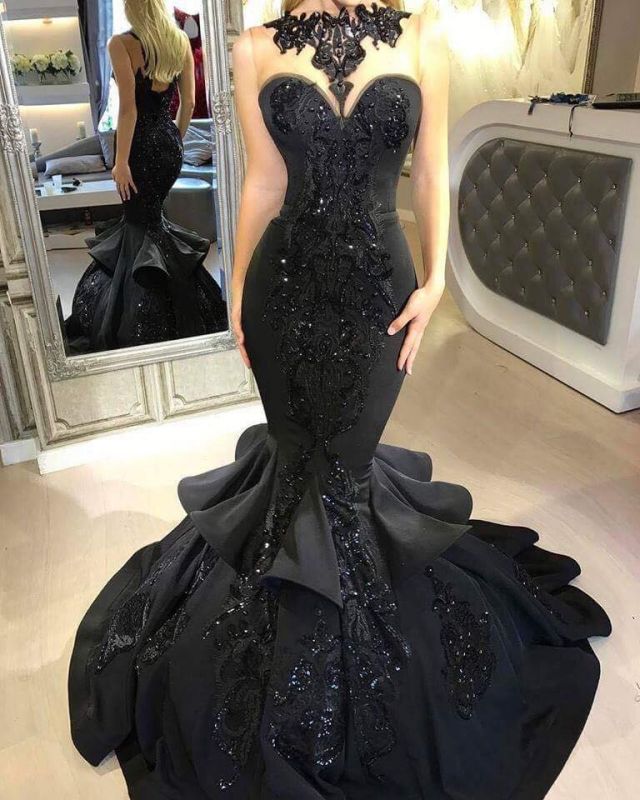 Black Ruffles Lace Applique Mermaid Prom dresses