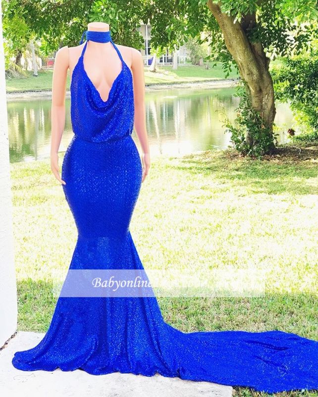 Shiny Halter Sleeveless Royal-Blue Prom Dresses | Sequins Mermaid 2021 Long Evening Gowns