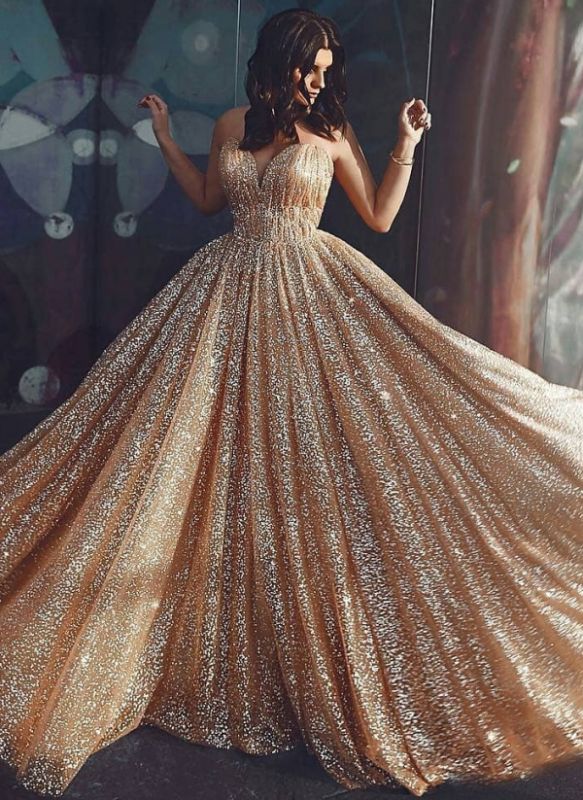 Sparkly Gold Sequin Prom Dresses | Spaghetti Straps Formal Dresses