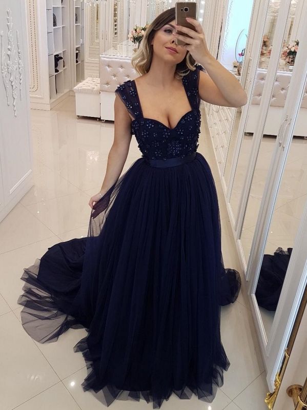 Elegant Dark Navy Puffy Prom Dresses | Scoop Sleeveless Beaded Long Evening Dresses