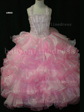 Hot Sale Pageant Girls Dresses Halter Beaded Organza Pink Gowns LR652
