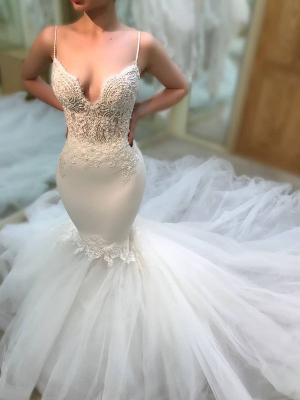 Sexy Tulle Mermaid Wedding Dresses | Spaghetti Straps Lace Applique Bridal Gowns