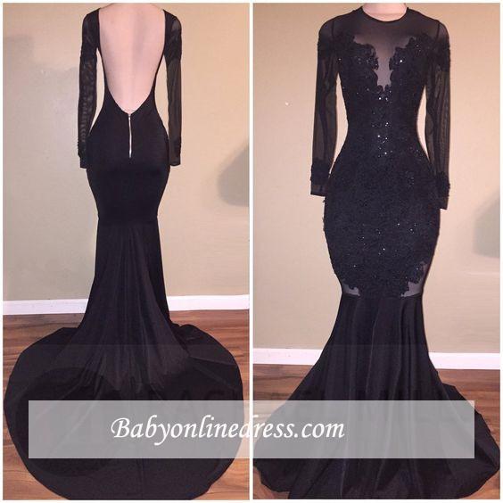 Sexy Long-Sleeves Black Backless Appliques Mermaid Prom Dress