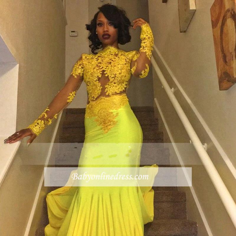 Mermaid High-Neck Long-Sleeve Lace Yellow Appliques Beautiful Prom Dress