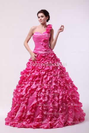 Discounted Lovely Quinceanera dresses Pink Wholesale One Shoulder Flowers Beaded Floor-length Gowns BO0836