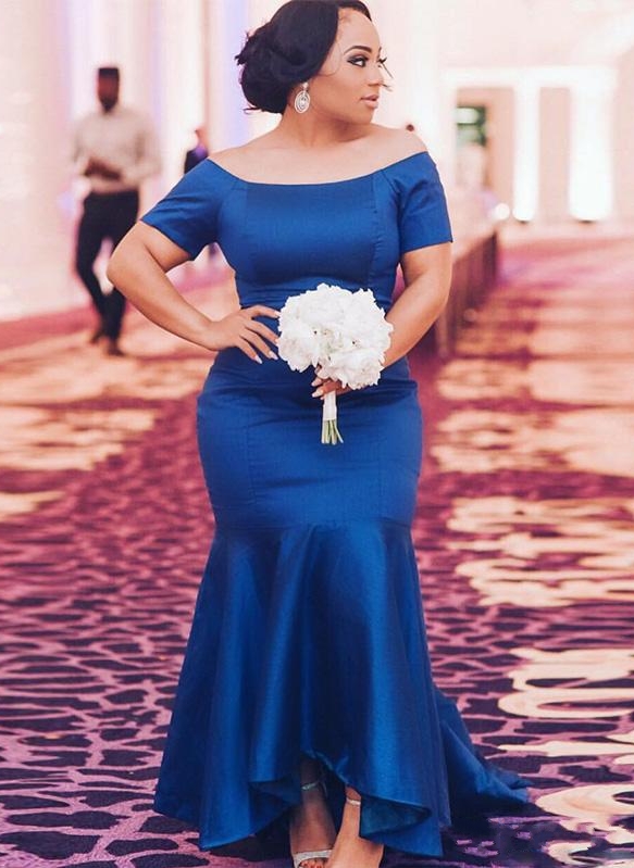 Elegant Off-The-Shoulder Mermaid Bridesmaid Dresses | Royal Blue Short Sleeves Evening Dresses