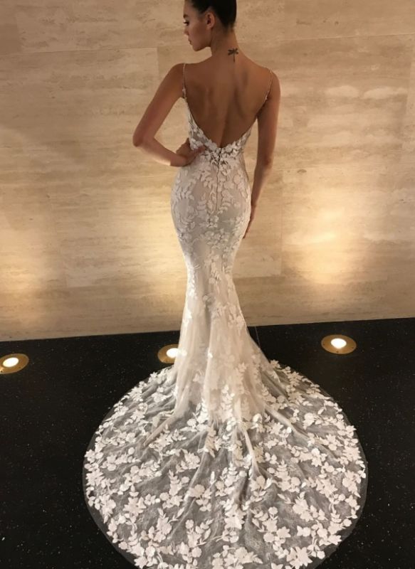 Spaghetti Straps Mermaid Wedding Dresses | Flowers Appliques Backless Bridal Gowns