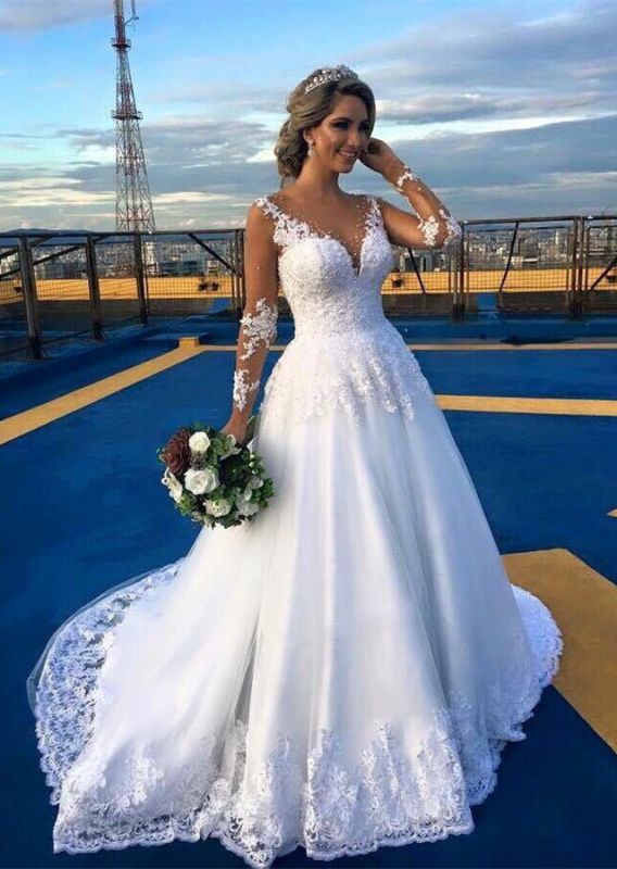 Elegant Long Sleeves A-Line Wedding Dresses | V-Neck Lace Appliques Long Bridal Gowns