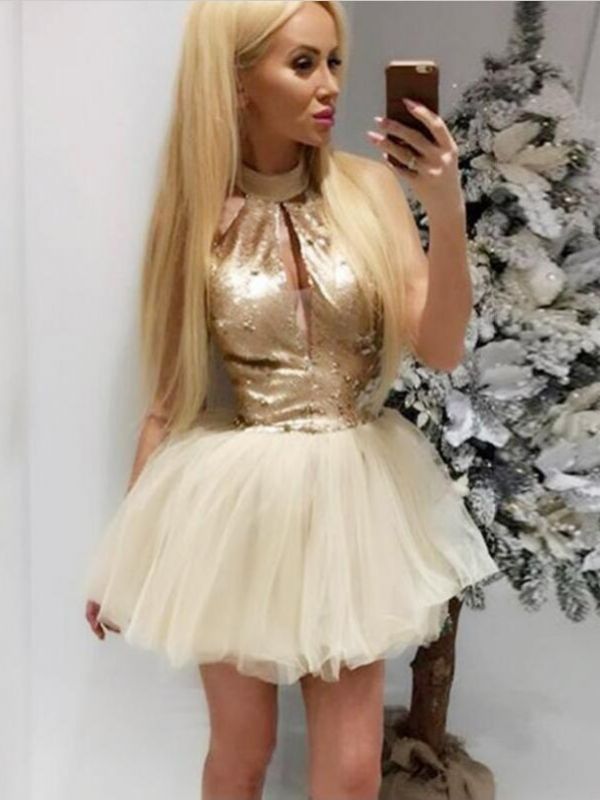 Sexy Gold Sequins A-Line Homecoming Dresses | Halter Short Tulle Prom Dresses