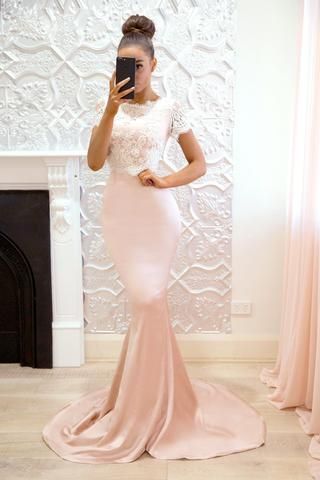 Pink Short Sleeves Bridesmaid Dresses | Lace Mermaid Maid of the Honor Dress